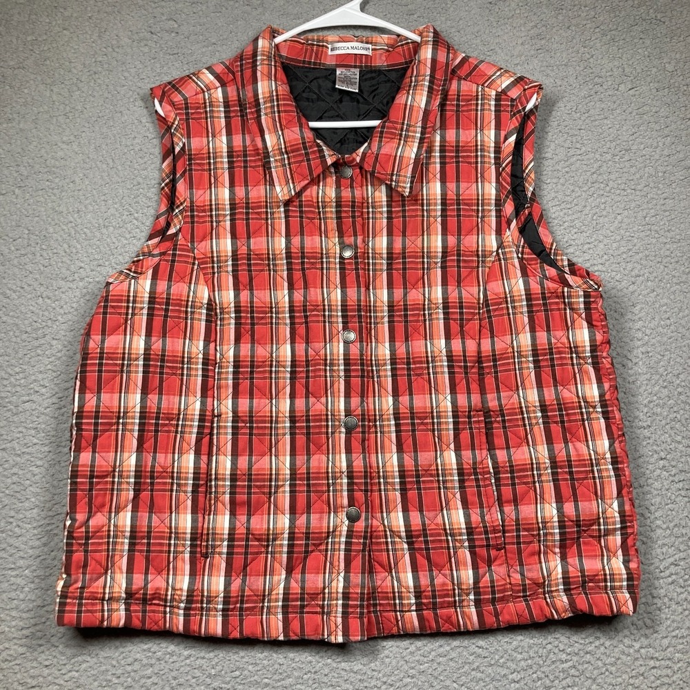 Rebecca Malone Vest Womens Large Orange-Red Plaid Quilted Snap Front Lined‎
